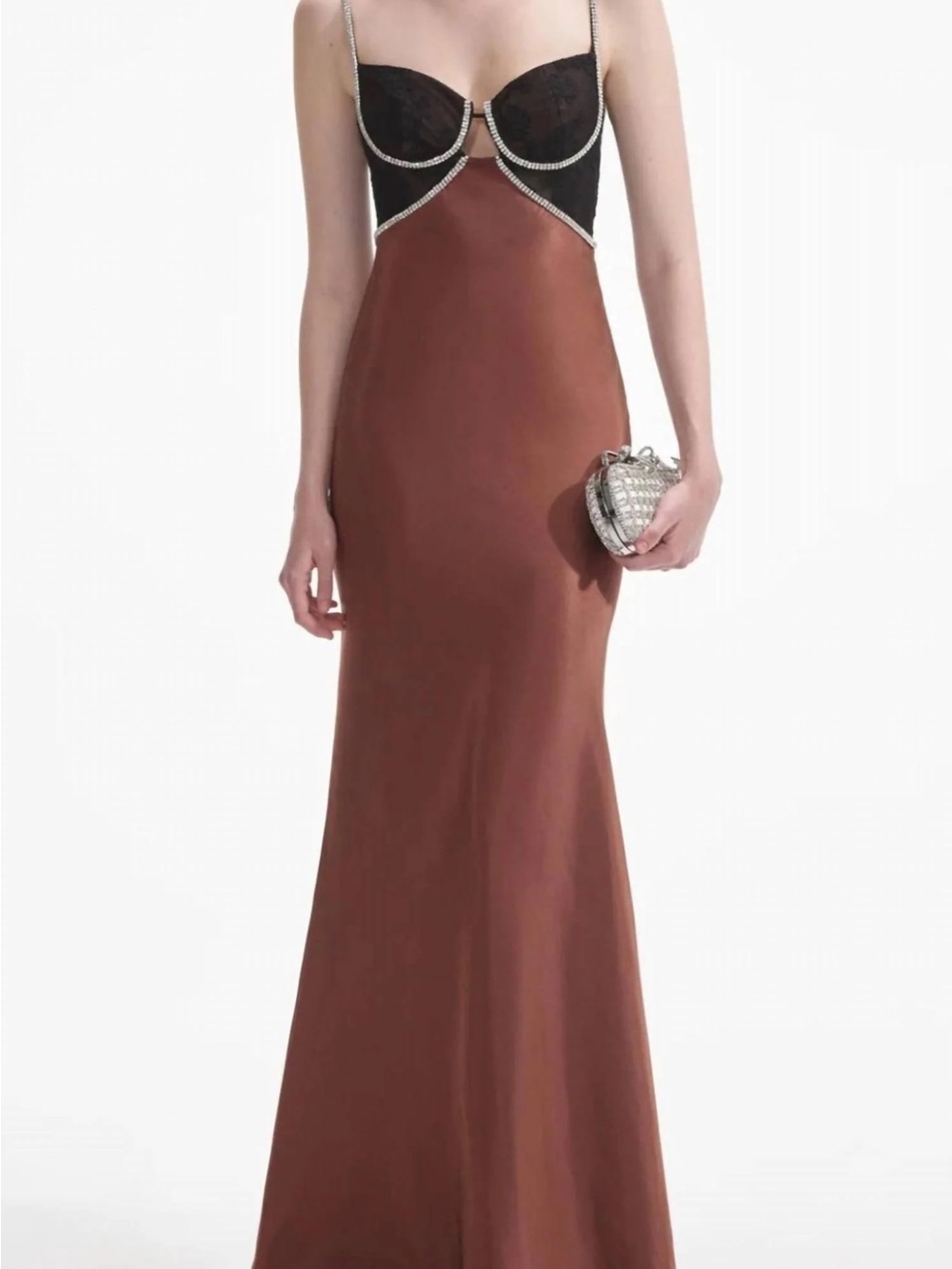 Self-Portrait Brown Satin Gown with Black Lace Bodice and diamond detail